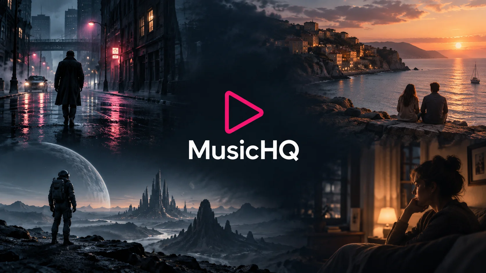 MusicHQ in white beside a pink play symbol, surrounded by four cinematic scenes